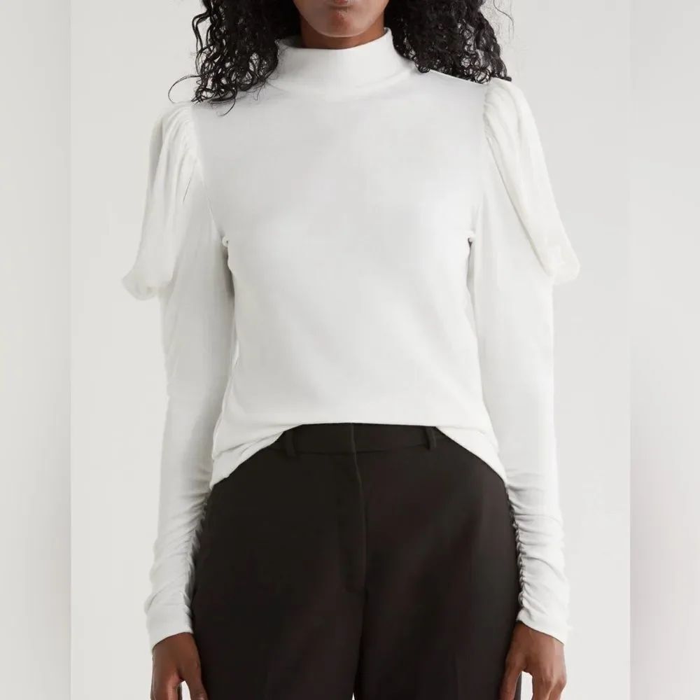 Rebecca Taylor Port Mutton-Sleeve Mock Neck Top White Cotton Blend Long Sleeve M - Picture 3 of 12